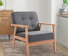 Sitting Chairs for Living Room, Wooden Accent Chair Lounge Armchair Retro Linen Fabric Upholstered w/ Arm Grey