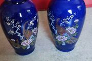 Vintage SET of 2 Small KUTANI Cobalt Blue Ceramic Vases with Ornate and Colorful Painted Floral Bouquet &amp; Peonies Scene .