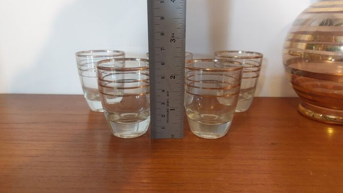 Fabulous Vintage Retro Mid-Century-Modern Small Pale Pink Glass Decanter with Gold and Silver Gilt Banding Plus Five Liqueur Glasses, Irice, Czechoslovakia