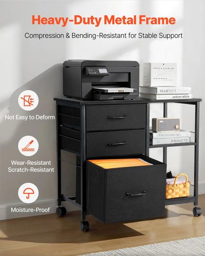 Metal File Cabinet, Mobile Filing Cabinet with 3 Fabric Drawers and 2 Open Shelves, Wooden Vertical Filing Storage Cabinets