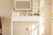 Dressing Table with Large LED Mirror, 3 Lighting Modes Adjustable Brightness, Built in USB  AC Socket, Vanity Table with 4 Fabric Drawers, Modern Makeup Desk 100by40by140cm