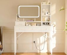 Dressing Table with Large LED Mirror, 3 Lighting Modes Adjustable Brightness, Built in USB  AC Socket, Vanity Table with 4 Fabric Drawers, Modern Makeup Desk 100by40by140cm