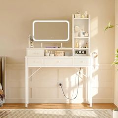 Dressing Table with Large LED Mirror, 3 Lighting Modes Adjustable Brightness, Built in USB  AC Socket, Vanity Table with 4 Fabric Drawers, Modern Makeup Desk 100by40by140cm