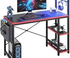 113CM Reversible Corner Gaming Desk with RGB LED Lights, Black Carbon Fibre Surface, Storage Shelves, Side Pocket & Hooks, Compact Computer Desk for Small Spaces & Home Office