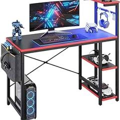 113CM Reversible Corner Gaming Desk with RGB LED Lights, Black Carbon Fibre Surface, Storage Shelves, Side Pocket & Hooks, Compact Computer Desk for Small Spaces & Home Office