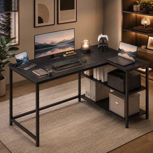 L Shaped Corner Desk with Storage Shelves