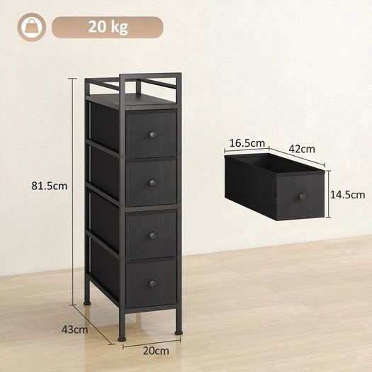 4 Drawer Fabric Dresser Chest of Drawers, Slim Storage Cabinet with Steel Frame for Small Spaces, Bedroom, Black4 Drawer Fabric Dresser Chest of Drawers, Slim Storage Cabinet with Steel Frame for Small Spaces, Bedroom, Black