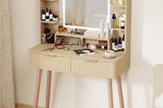 Dressing Table with Mirror and Lights, 3 Color Modes &amp; Adjustable Brightness Modern Makeup Desk, Fluted Vanity Desk with 2 Drawers and 5 Storage Shelves, Bedroom Small Vanity Table