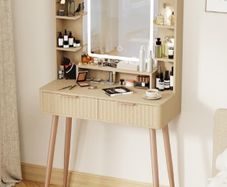 Dressing Table with Mirror and Lights, 3 Color Modes & Adjustable Brightness Modern Makeup Desk, Fluted Vanity Desk with 2 Drawers and 5 Storage Shelves, Bedroom Small Vanity Table