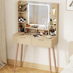 Dressing Table with Mirror and Lights, 3 Color Modes & Adjustable Brightness Modern Makeup Desk, Fluted Vanity Desk with 2 Drawers and 5 Storage Shelves, Bedroom Small Vanity Table