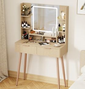 Dressing Table with Mirror and Lights, 3 Color Modes & Adjustable Brightness Modern Makeup Desk, Fluted Vanity Desk with 2 Drawers and 5 Storage Shelves, Bedroom Small Vanity Table