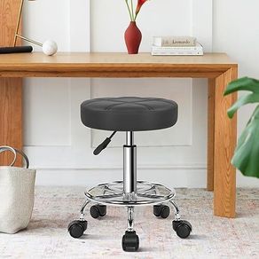 Leather Round Rolling Stool Swivel Height Adjustment Home Office Stool Drafting Lab Kitchen Massage Stools with wheels Office Chair (black)