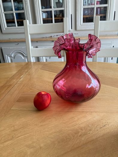Stunning Oversized Cranberry Glass Vase . Hand blown glass with ruffle edge