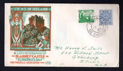 1953 Ireland Illustrated cover showing Blarney  Castle for St Patricks day (issued by the Eire Philatelic Association (EPA)) tying definitive stamps with Blarney, Co. Cork cancel of 17/03/1953