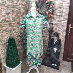 Vintage 60s 70s green Peacock print Shirt dress small medium