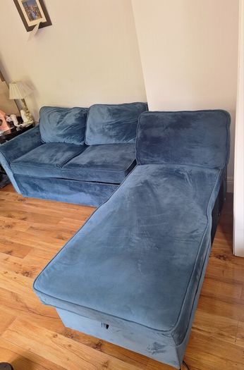 Blue Velvet Corner Sofa Bed with Storage