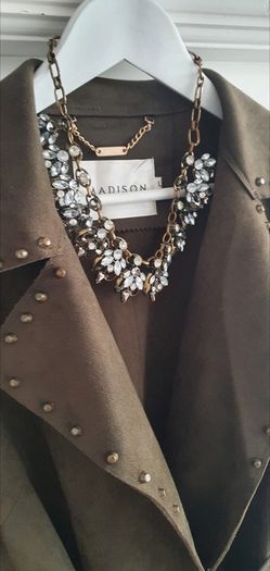 MADISON khaki midi length coat with stud detail open front with tie Sz L (12-16 UK) - Rrp 289 (New)