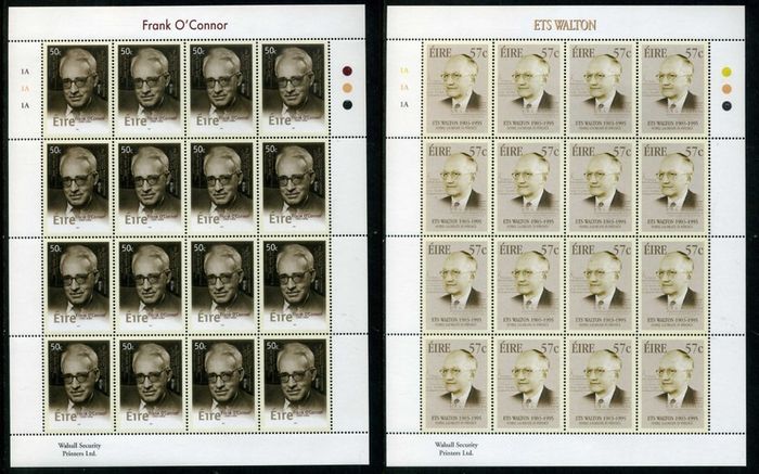 2003 Ireland Birth Centenaries of 50c Frank O'Connor & 57c ETS Walton Commemorative Stamps Sheetlet Plate 1A1A1A Mint Never Hinged (MNH)