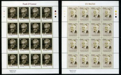 2003 Ireland Birth Centenaries of 50c Frank O'Connor & 57c ETS Walton Commemorative Stamps Sheetlet Plate 1A1A1A Mint Never Hinged (MNH)