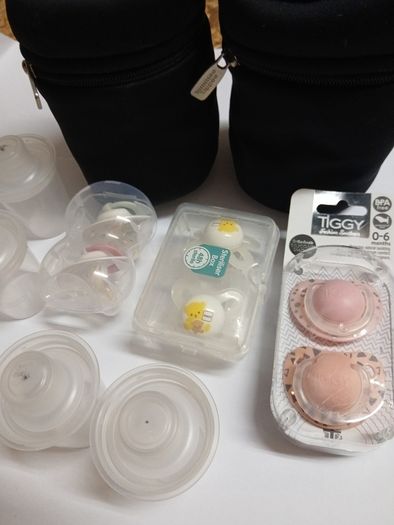 Tomee Tippee bottles, new soothers, bottle thermal holders x 2 and formula measure containers