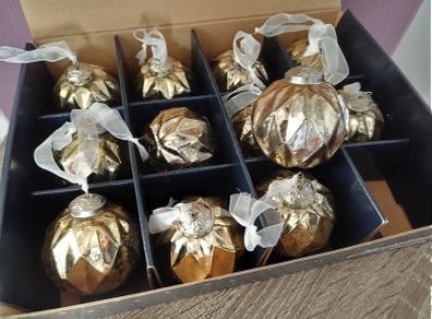 Box of x12 Gold Speckle Geometric Style Glass Christmas Baubles
