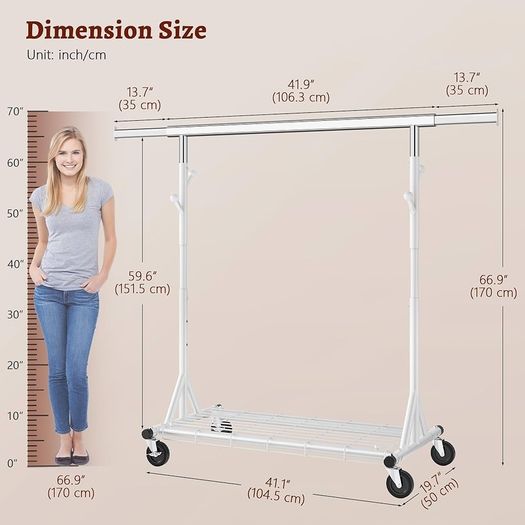 Clothes Rail Heavy Duty, Extendable & Adjustable Clothing Hanging Rails, Clothing Rack Coat Rail with Lockable Wheels & Shelves for Bedroom Living Room, White