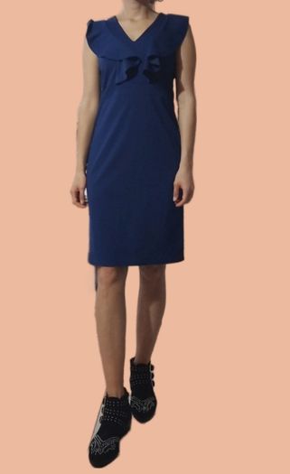 Gerard V-Neck Ruffle Cap Sleeve Sheath Midi Dress