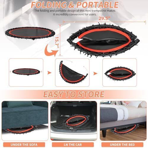 ound Trampoline 40"/48" Foldable Easy-To-Install Trampoline for Adults,With 4-Position Adjustable Handrails Trampoline,Suitable for Indoor Outdoor Body Exercises, Fitness Max Load 400lbs/450lbs