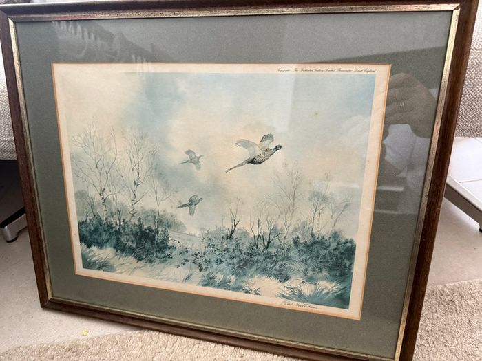 W. Milliken (1920 to 2014) Pheasants in Flight. Vintage Brotherton Gallery Sporting Print