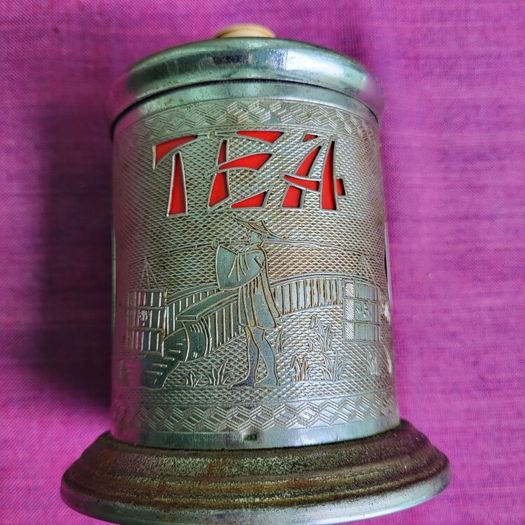 1950s Mid-Century Chrome Oriental Tea Caddy & sampler tins