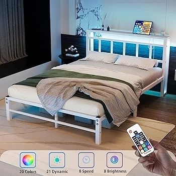 Double Bed Frame with Storage Headboard,4ft6 Bed Frame Double Bed Base with Charging Station and LED Lights,Metal Platform Double Bed 135x190,Mattress Base No Box Spring Needed,No Noise,White