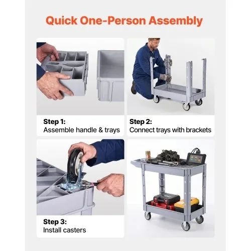 Utility Cart, 250 kg Capacity, 2 Tier Service Cart with 360 Swivel and Fixed Wheels (2 with Brakes), Heavy Duty Plastic Rolling with Storage Tray, Tool Storage for Garage Warehouse Workshop