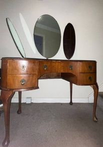 Vintage wooden dressing table with triple mirror
