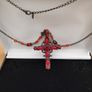 Red stones & cabochons cross pendant necklace with a rosary style beaded chain Image 2