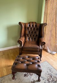 Vintage Genuine Brown Leather Chesterfield Wingback Armchair and Matching Footstool