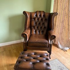 Vintage Genuine Brown Leather Chesterfield Wingback Armchair and Matching Footstool