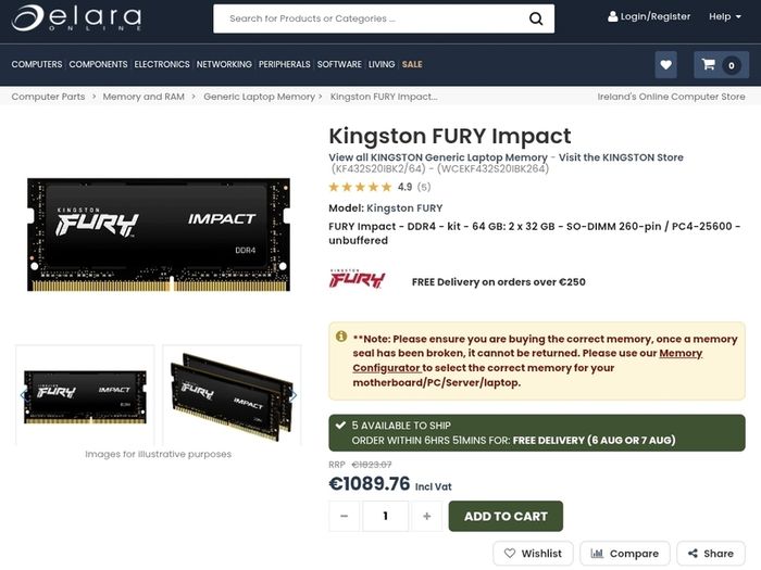 Kingston FURY Impact  64GB, DDR4 laptop RAM, new