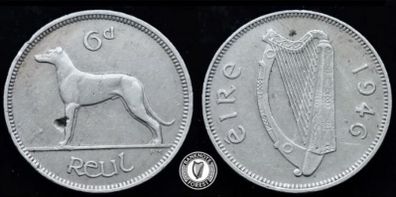 [#2518] - Ireland 1946 | Irish 6d | Six Pence | Wolfhound | KM.13a