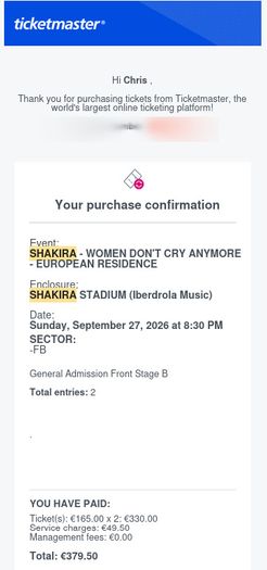 Shakira Tickets x2 - Madrid