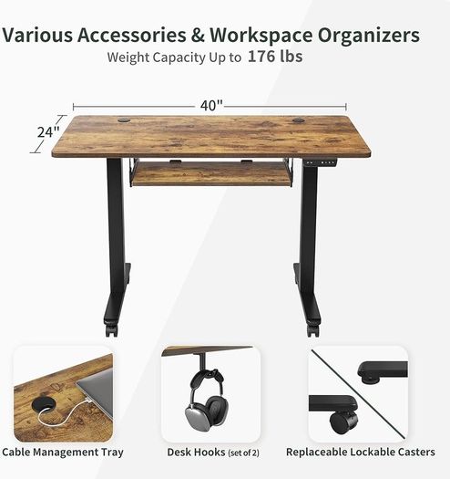 Height Adjustable Electric Standing Desk with Keyboard Tray, 100 x 60 cm Sit Stand up Desk with Splice Board, Black Frame/Rustic Brown Top