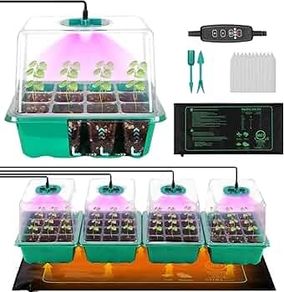 4-Pack Seed Starter Tray with Grow Light and Heat Mat, 48 Cells Seed Starter Kit with Adjustable Humidity Dome and Base, Germination Kit for Seed Growing Plant Propagation (4 Pack-green)