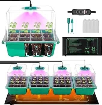 4-Pack Seed Starter Tray with Grow Light and Heat Mat, 48 Cells Seed Starter Kit with Adjustable Humidity Dome and Base, Germination Kit for Seed Growing Plant Propagation (4 Pack-green)