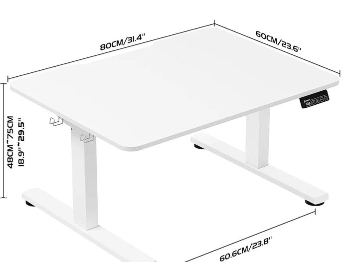 Low Height Electric Standing Desk 80x60cm, Lifts 48-75 cm, White Height Adjustable Desk, Lockable Wheels, 2 Memory Heights, 2 Hooks, Low Desk with Smart Panel, Splice Board, for Home Office