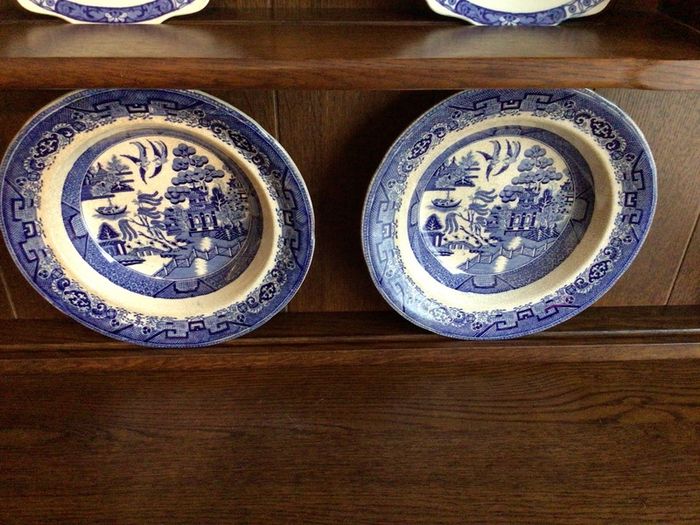Antique Semi Porcelian Willow Pattern Serving Bowls x2