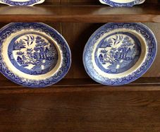 Antique Semi Porcelian Willow Pattern Serving Bowls x2