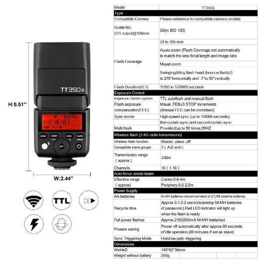 Godox Mini TT350 TTL HSS 2.4G Flash Speedlite for Olympus Panasonic Mirrorless Cameras