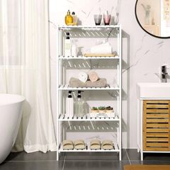 Bathroom shelf with 5 levels bathroom shelf with 5 levels, made of bamboo, kitchen shelf, 9-step height adjustable, multifunctional shelf, in the living room, hallway, 60 x 26 x 130 cm, white
