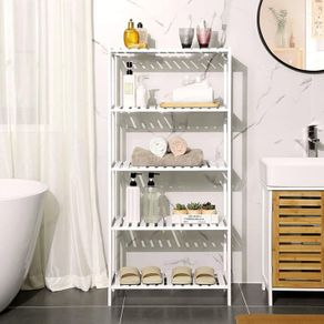 Bathroom shelf with 5 levels bathroom shelf with 5 levels, made of bamboo, kitchen shelf, 9-step height adjustable, multifunctional shelf, in the living room, hallway, 60 x 26 x 130 cm, white