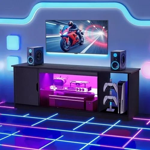 TV Stand for TVs up to 1651 mm, Modern Entertainment Center with Light Strip, Wooden TV Cabinet Storage with Glass Shelf and Adjustable Shelves, Console Table for Living Room and Bedroom, Black