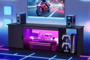 TV Stand for TVs up to 1651 mm, Modern Entertainment Center with Light Strip, Wooden TV Cabinet Storage with Glass Shelf and Adjustable Shelves, Console Table for Living Room and Bedroom, Black